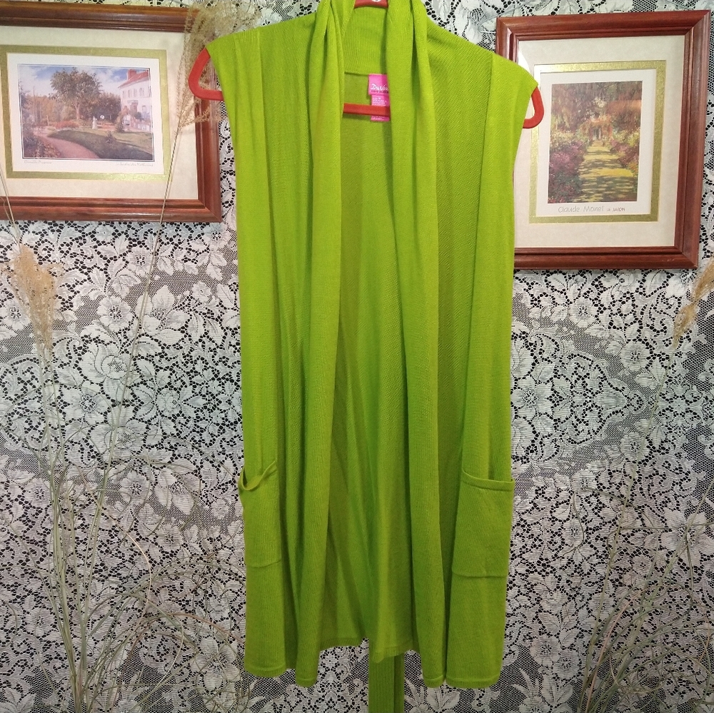 Du Jour apple lime green sleeveless draped open front knit top belt and pockets - Picture 1 of 4